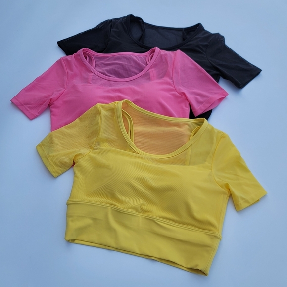 Pedigree Double Layered Mesh Crop Tee with Sports Bra Liner | Yellow - Picture 10 of 10